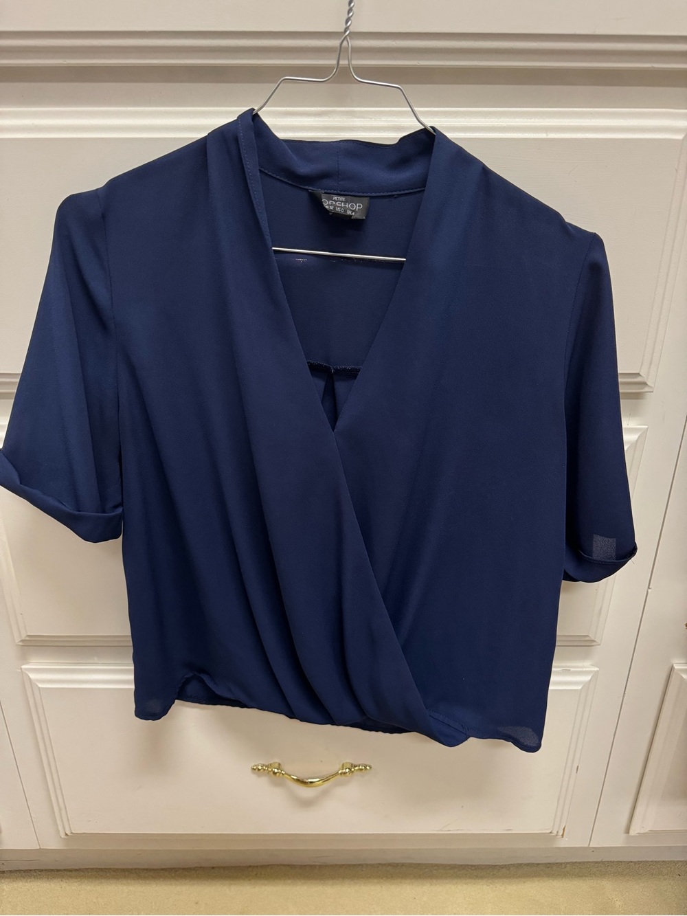 Topshop Petite Navy Faux Wrap Short Sleeve Blouse | US 0 / UK 4